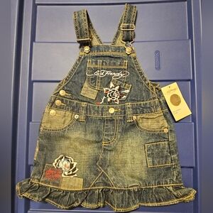 NWT Ed Hardy Toddler Denim Overall Dress with Embroidery